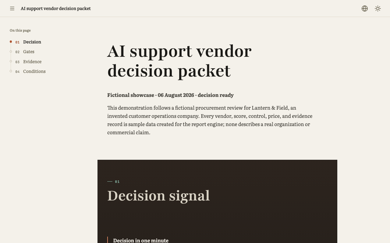 Vendor decision with hard gates and weighted evidence