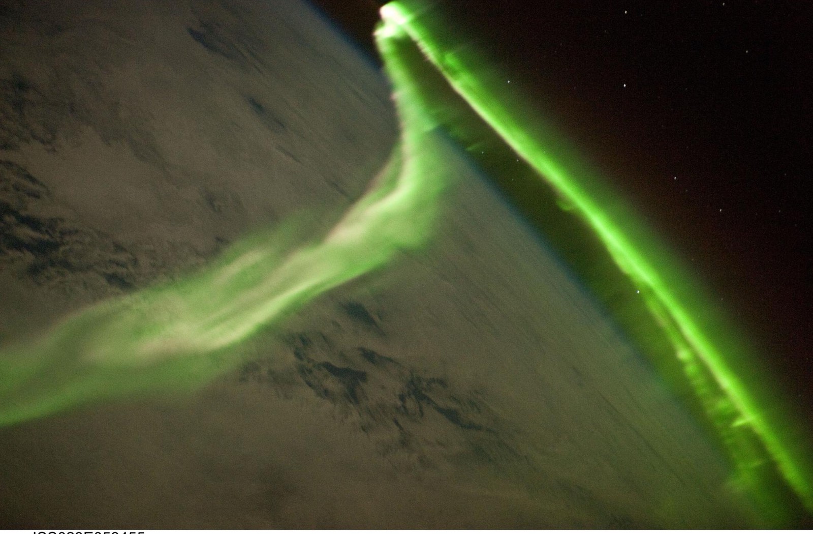 Aurora australis from the station: bright green bands curving over the dark southern ocean