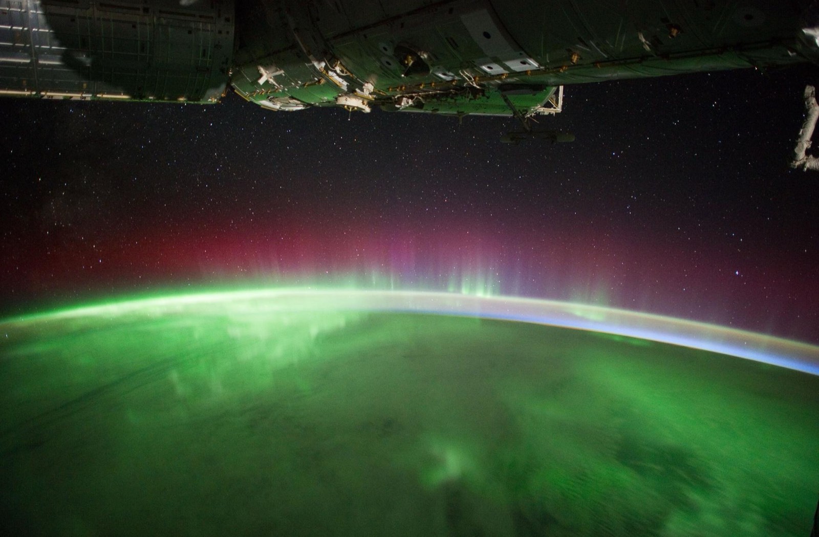 A green aurora above the Earth's limb, seen from the International Space Station