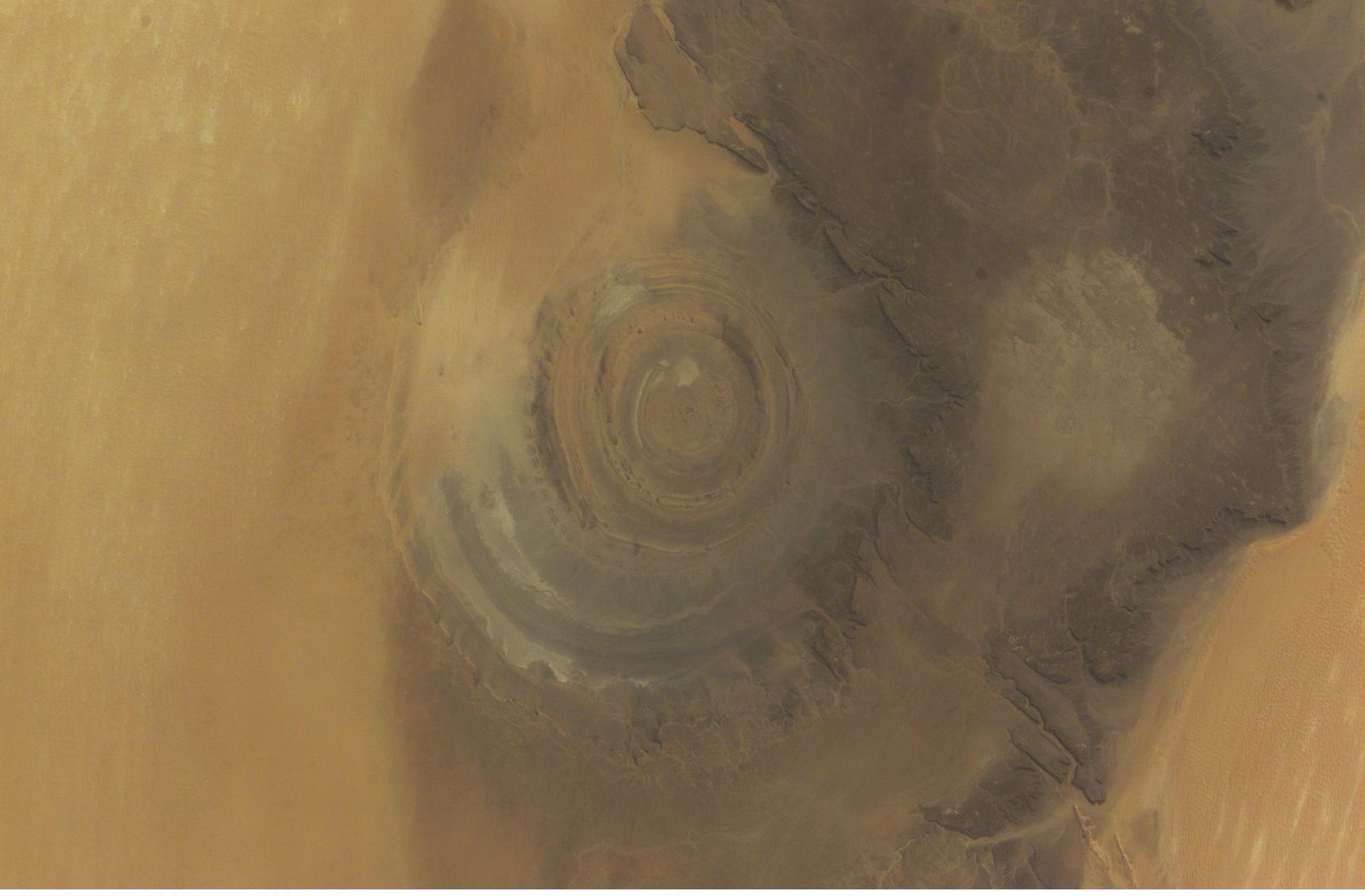 The Richat Structure's concentric rock rings in the Mauritanian desert, photographed from orbit